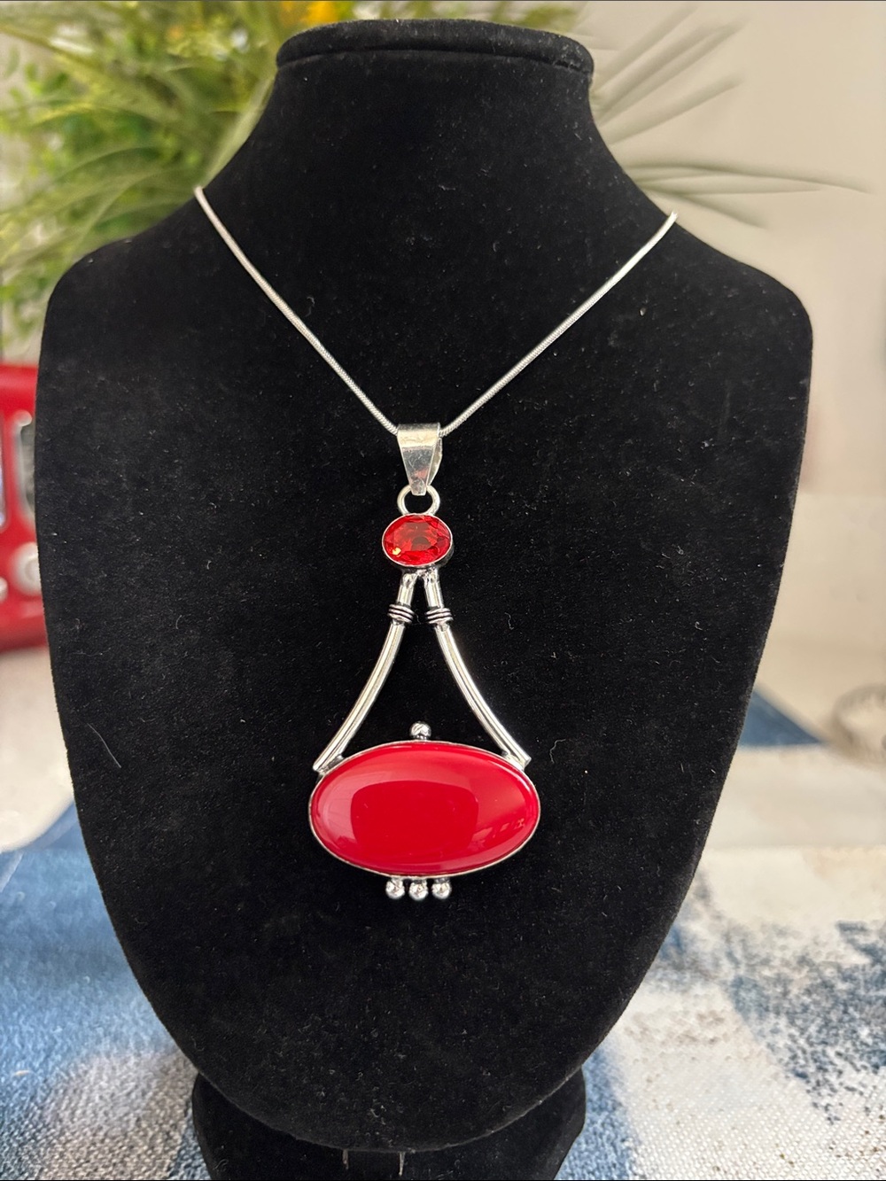 Sterling Silver Coral Garnet Gemstone Pendant Necklace